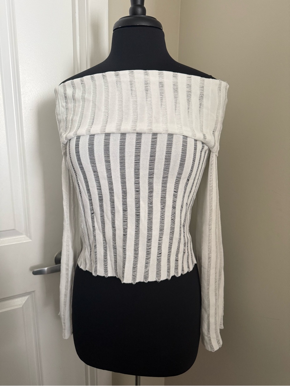Off-Shoulder Sheer Stripe Knit Top - White